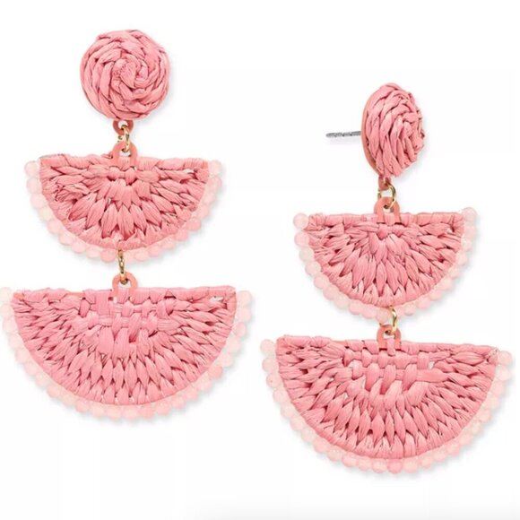 On 34th Raffia Drop Earrings Gold Tone Stone Bead & Woven NWT - Picture 1 of 2